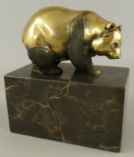Casa Padrino Bronze Skulptur Panda B�r Gold / Schwarz 13 x 7 x H. 15 cm - Bronzefigur - Dekofigur - Schreibtisch Deko Accessoires