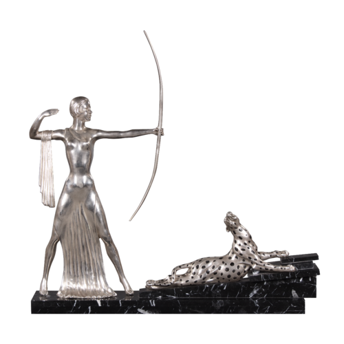 Casa Padrino Bronzefiguren Diana mit Bogen und Leopard auf Marmorsockel Silber / Schwarz 85 x 13 x H. 82 cm - Luxus Deko Diana G�ttin der Jagd