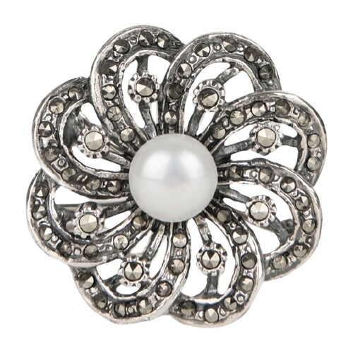 Casa Padrino Brosche Blume Markasit aus Sterlingsilber mit Perle