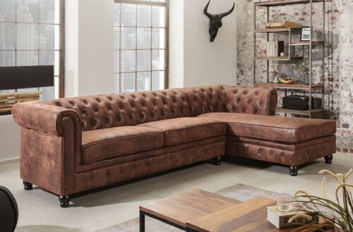 Casa Padrino Chesterfield Ecksofa Rechts Antik Braun - Microfaser Wohnzimmer Sofa - Chesterfield Wohnzimmer M�bel