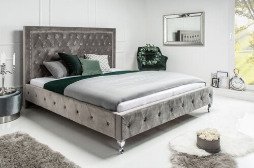Casa Padrino Chesterfield Samt Doppelbett Silbergrau / Silber 190 x 215 x H. 130 cm - Massivholz Bett mit Kopfteil - Chesterfield Schlafzimmer M�bel