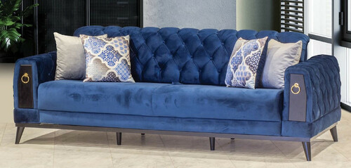 Casa Padrino Chesterfield Schlafsofa Blau / Schwarz / Gold 222 x 90 x H. 80 cm - Modernes Wohnzimmer Sofa - Chesterfield M�bel - Wohnzimmer M�bel