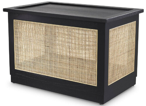 Casa Padrino Luxus Truhe mit Deckel Schwarz / Naturfarben 72 x 46 x H. 48 cm - Massivholz Truhe mit Rattangeflecht - Luxus M�bel