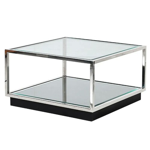 Casa Padrino Couchtisch mit Glasplatte und Spiegelablage Silber / Schwarz 65 cm