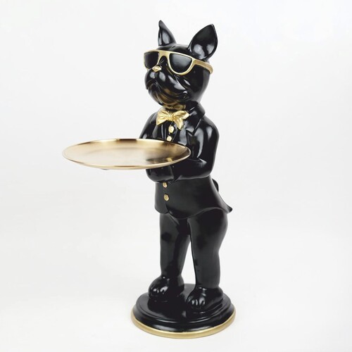 Casa Padrino Deko Figur Bulldogge mit Tablett Schwarz / Gold H. 67,5 cm - Deko Skulptur