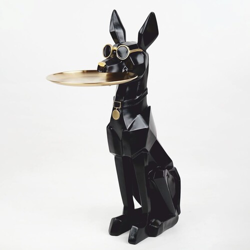 Casa Padrino Deko Figur Dobermann mit Tablett Schwarz / Gold H. 77 cm - Deko Skulptur