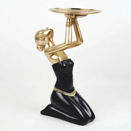 Casa Padrino Deko Figur Dame mit Tablett Schwarz / Gold H. 66 cm - Deko Skulptur