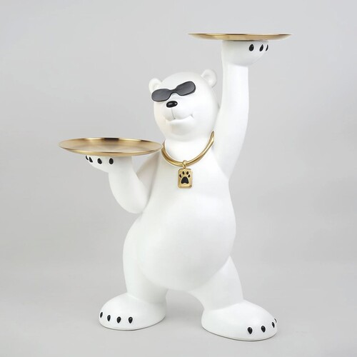 Casa Padrino Deko Figur B�r mit 2 Tabletts Wei� / Schwarz / Gold H. 78 cm - Deko Skulptur