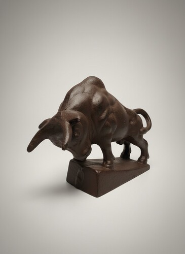 Casa Padrino Deko Figur Stier Gusseisen Rostbraun H. 20 cm - Angreifender Bulle auf Sockel