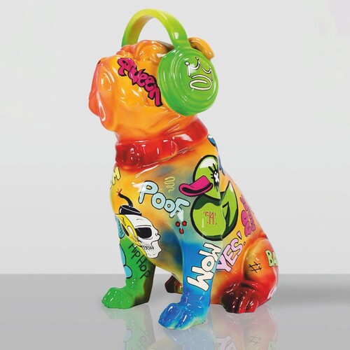 Casa Padrino Deko Skulptur Hund Bulldogge mit Kopfh�rern Bunt H. 120 cm