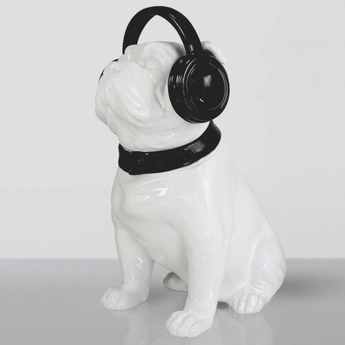 Casa Padrino Deko Skulptur Hund Bulldogge mit Kopfh�rern Wei� / Schwarz H. 120 cm