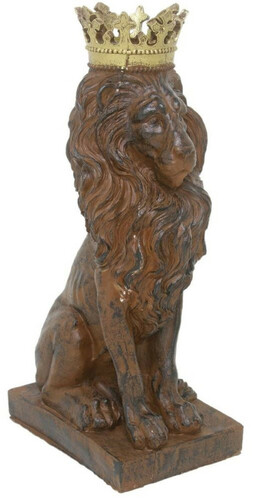 Casa Padrino Barock Deko Skulptur L�we mit Krone Braun / Gold 25 x H. 75 cm - Prunkvolle Kunstharz Dekofigur - Barock Wohnzimmer Deko Accessoires