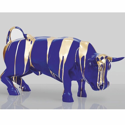 Casa Padrino Deko Skulptur Stier Blau / Gold 81 cm - Garten Figur