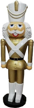 Casa Padrino Deko XXL Skulptur Nu�knacker Gold / Wei� mit Uniform Lebensgross 180 cm - Weihnachten Weihnachtsdeko Kaufhausdeko