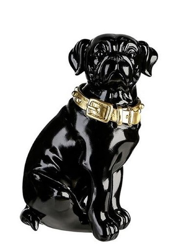 Casa Padrino Dekofigur Hund mit Halsband Schwarz gl�nzend / Gold 11 x 10 x H. 16 cm - Deko Accessoires