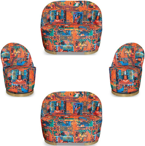 Casa Padrino Designer Art Deco Wohnzimmer Set Mehrfarbig / Gold - 2 Sofas & 2 Drehsessel - Wohnzimmer M�bel - Art Deco M�bel