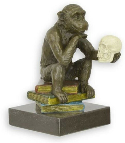 Casa Padrino Designer Bronzefigur mit Marmorsockel Studierter Affe Bronze / Mehrfarbig / Schwarz 8,1 x 12,3 x H. 14,3 cm - Schreibtisch Deko - Deko Accessoires