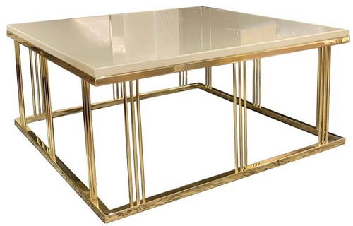 Casa Padrino Luxus Couchtisch Creme / Gold 100 x 100 x H. 45 cm - Quadratischer Wohnzimmertisch mit Glasplatte - Wohnzimmer M�bel