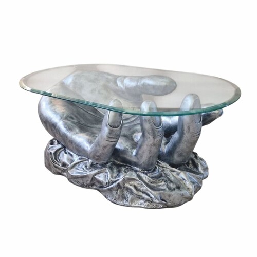 Casa Padrino Designer Couchtisch Hand mit Glasplatte Antik Silber 80 cm