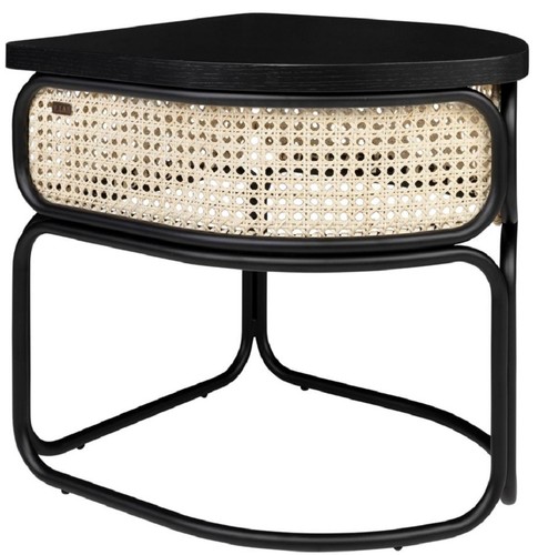 Casa Padrino Designer Couchtisch Schwarz / Naturfarben 50 x 40 x H. 45,5 cm - Wohnzimmertisch mit Eichenfurnier Tischplatte edlem Rattangeflecht und pulverbeschichtetem Stahlrahmen