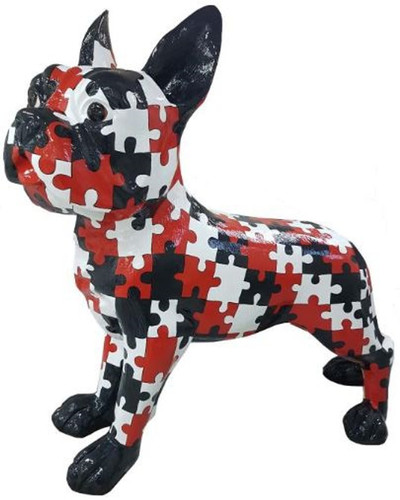 Casa Padrino Designer Deko Hund Bulldogge mit Puzzle Design Schwarz / Wei� / Rot 190 x H. 178 cm - Riesige Dekofigur - Gartendeko Skulptur - Wetterbest�ndige Gartenfigur