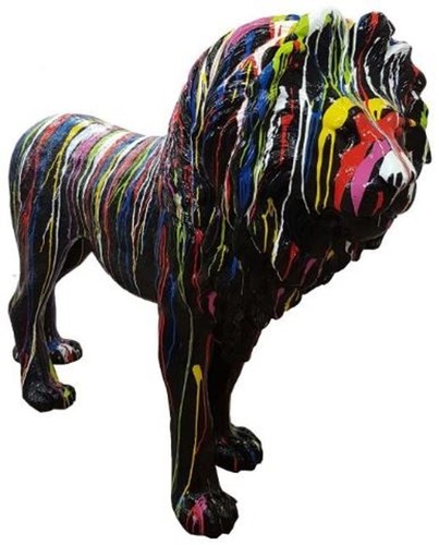 Casa Padrino Designer Dekofigur L�we Schwarz / Mehrfarbig 190 x H. 140 cm - Riesige Lebensgro�e Skulptur - Gartendeko
