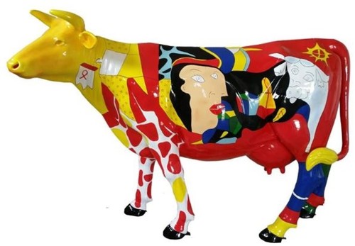 Casa Padrino Designer Gartendeko Skulptur Kuh Mehrfarbig 210 x 55 x H. 147 cm - Riesige Dekofigur - Lebensgro�e Tierfigur