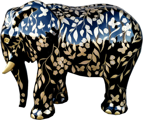 Casa Padrino Designer Deko Skulptur Elefant mit Glitzer Look Schwarz / Gold 90 x H. 70 cm - Deko Tierfigur - Wetterbest�ndige Gartendekofigur - Deko Accessoires
