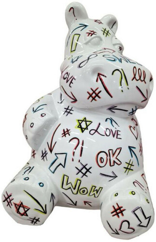 Casa Padrino Designer Deko Skulptur Sitzendes Nilpferd Wei� / Mehrfarbig H. 48 cm - Wetterbest�ndige Deko Skulptur - Wohnzimmer Deko Figur - Garten Deko Figur - Deko Tierfigur - Deko Accessoires