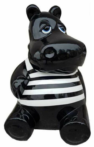 Casa Padrino Designer Deko Skulptur Sitzendes Nilpferd Schwarz / Wei� H. 48 cm - Wetterbest�ndige Dekofigur - Wohnzimmer Deko - Garten Deko - Terrassen Deko