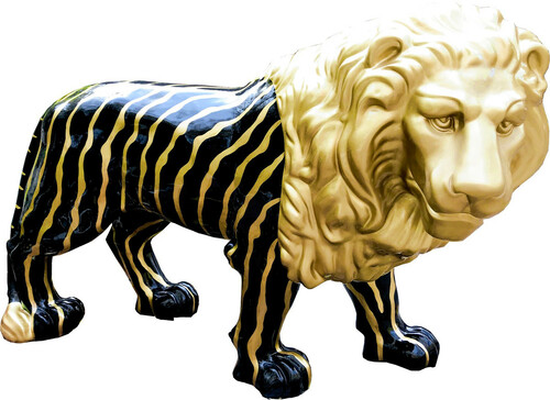 Casa Padrino Designer Dekofigur L�we Schwarz / Gold Lebensgross 190 x 61 x H. 140 cm - Riesige Lebensgro�e Skulptur - Gartendeko