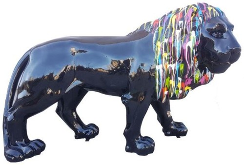 Casa Padrino Designer Dekofigur L�we Schwarz / Mehrfarbig 190 x 61 x H. 140 cm - Riesige Lebensgro�e Skulptur - Gartendeko