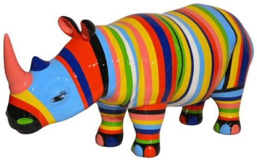 Casa Padrino Designer Dekofigur Nashorn mit Streifen Mehrfarbig 175 x H. 80 cm - Riesige Deko Skulptur - Gartenfigur - Luxus Gartendeko