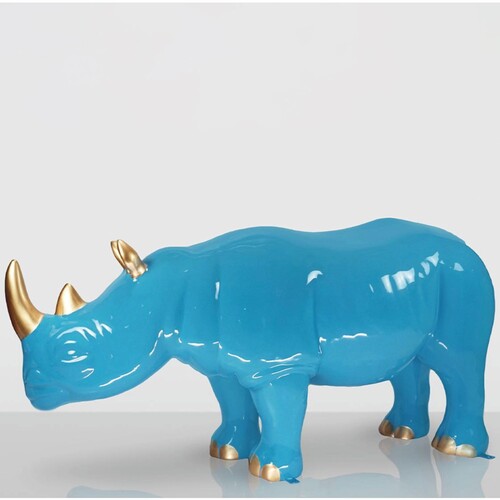 Casa Padrino XXL Deko Skulptur Nashorn Hellblau / Gold 175 cm - Riesige Garten Deko Figur