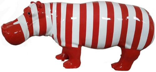 Casa Padrino Designer Dekofigur Nilpferd mit Streifen Rot / Wei� 180 x H. 79 cm - Deko Skulptur - Riesige Gartenfigur - Gartendekoration