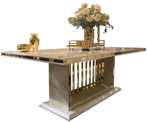 Casa Padrino Luxus Esstisch mit Glasplatte Creme / Gold 220 x 110 x H. 78 cm - Esszimmertisch - K�chentisch - Luxus Esszimmer M�bel