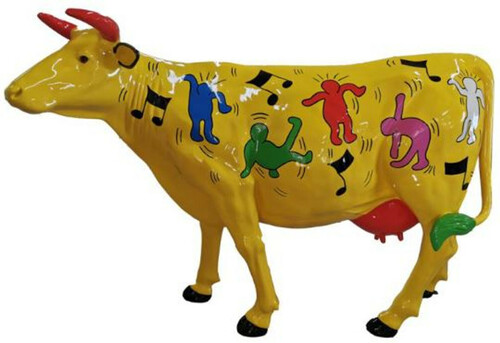 Casa Padrino Designer Gartendeko Skulptur Kuh Gelb / Mehrfarbig 210 x 55 x H. 147 cm - Riesige wetterbest�ndige Dekofigur - Lebensgro�e Tierfigur XXL