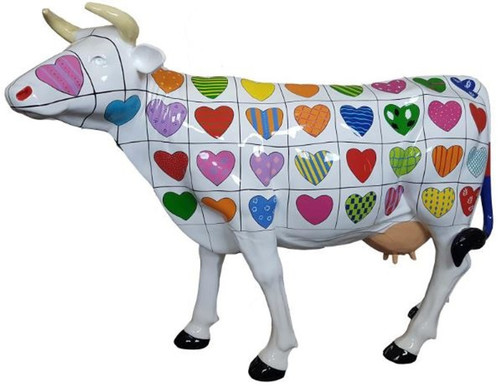 Casa Padrino Designer Gartendeko Skulptur Kuh mit Herz Design Wei� / Mehrfarbig 210 x 55 x H. 147 cm - Riesige wetterbest�ndige Dekofigur - Lebensgro�e Tierfigur