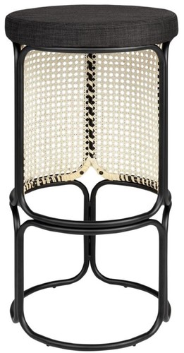 Casa Padrino Designer Barhocker Schwarz / Naturfarben  40,5 x H. 75,5 cm - Runder gepolsterter Barstuhl mit edlem Rattangeflecht und pulverbeschichtetem Stahlrahmen