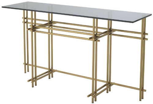 Casa Padrino Designer Konsole Messingfarben / Grau 131 x 36,5 x H. 73 cm - Edelstahl Konsolentisch mit Glasplatte - Designer M�bel - Luxus Qualit�t