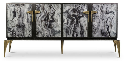 Casa Padrino Designer Sideboard Schwarz / Grau / Messing 192 x 46 x H. 90 cm - Massivholz Schrank mit 4 T�ren - Wohnzimmer M�bel - Hotel M�bel - Luxus Kollektion
