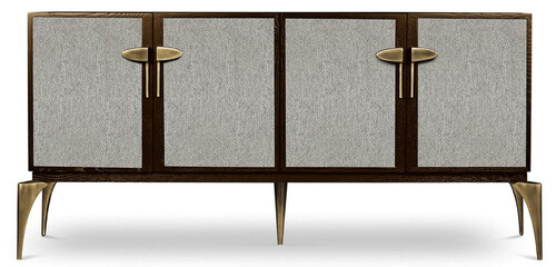 Casa Padrino Designer Sideboard Braun / Grau / Messing 192 x 46 x H. 90 cm - Massivholz Schrank mit 4 T�ren - Wohnzimmer M�bel - Hotel M�bel - Luxus Kollektion