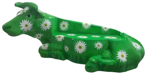 Casa Padrino Designer Sitzbank Kuh mit Blumen Design Gr�n / Wei� 200 x H. 98 cm - Wetterbest�ndige Kuh Skulptur Gartenbank - Garten & Terrassen Deko Accessoires