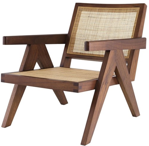 Casa Padrino Designer Stuhl Braun / Naturfarben 58 x 82 x H. 70 cm - Massivholz Stuhl mit Armlehnen und handgewebtem Rattangeflecht - Luxus Wohnzimmer M�bel