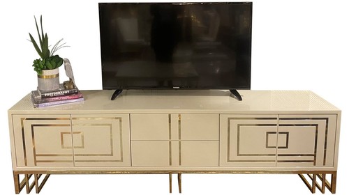 Casa Padrino Luxus TV Schrank Creme / Gold 220 x 45 x H. 60 cm - Edler Fernsehschrank mit 4 T�ren und 2 Schubladen - Luxus Wohnzimmer M�bel