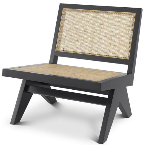 Casa Padrino Luxus Wohnzimmer Sessel Schwarz / Naturfarben 69,5 x 74 x H. 76 cm - Massivholz Sessel mit Rattangeflecht - Luxus M�bel