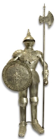 Casa Padrino Eisen Ritterr�stung mit Schild & Lanze Antik Silber H. 242 cm - Mittelalter Deko Ritter R�stung