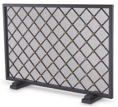 Casa Padrino Luxus Kaminschirm Schwarz / Vintage Messingfarben 84 x 15 x H. 57 cm - Funkenschutz mit Rautenmuster - Luxus Kamin Accessoires