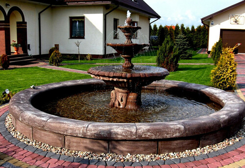 Casa Padrino Barock Garten Deko Springbrunnen Antik Braun  465 x H. 180 cm - Prunkvoller Gartenbrunnen im Barockstil - Stein Brunnen mit Umrandung - Barock Garten & Terrassen Deko Accessoires