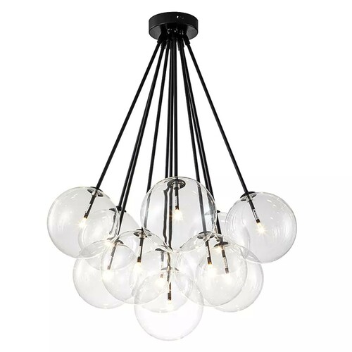 Casa Padrino H�ngeleuchte Schwarz / Transparent  66 x H. 95 cm - Moderne Pendelleuchte mit 13 Glaskugeln
